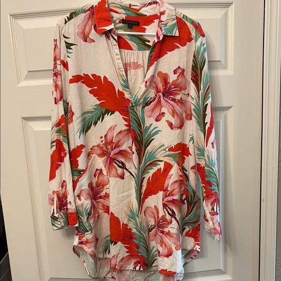 For Cynthia Red and White Floral Linen Blend Tunic or Dress / Size Large - Picture 1 of 7